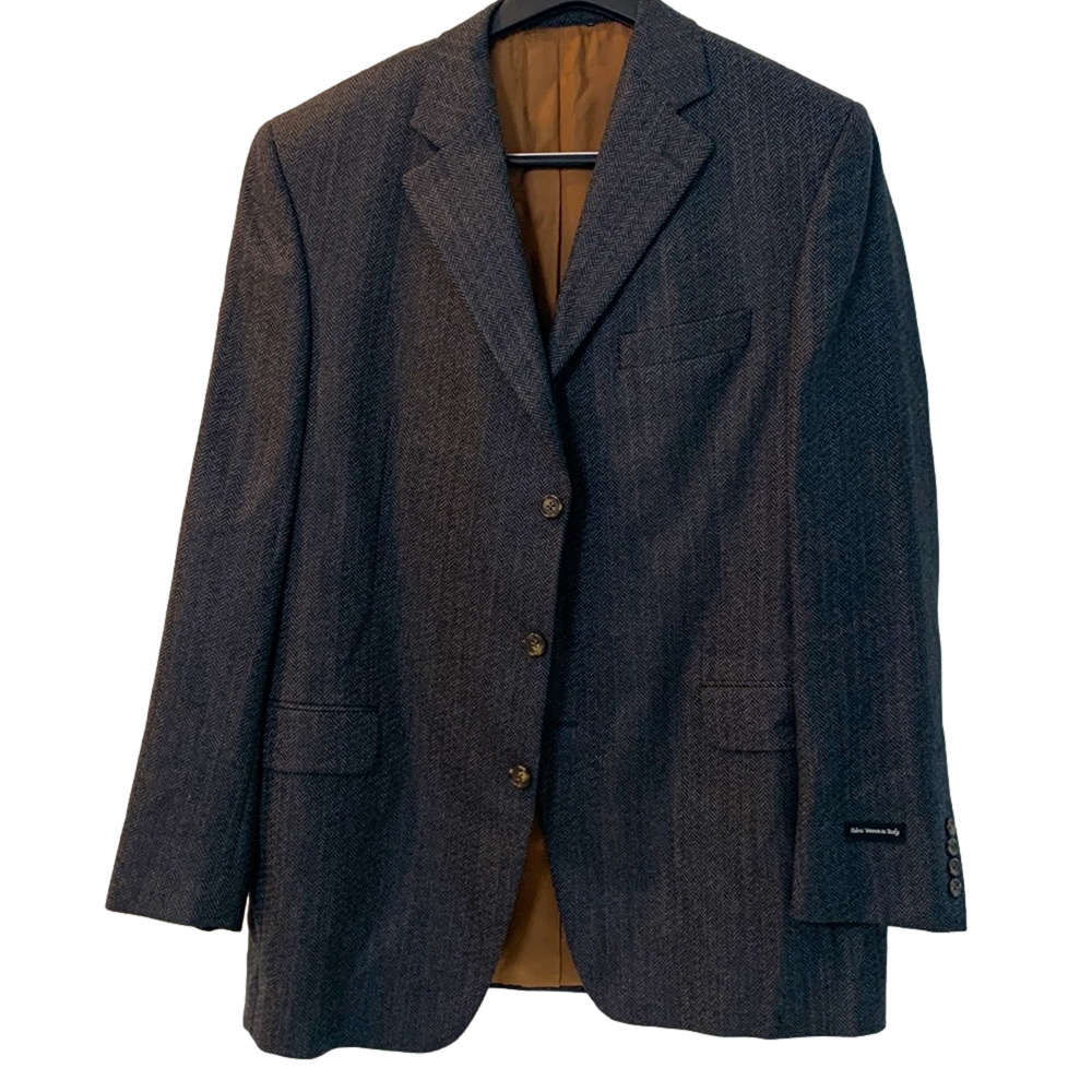 Men's Italian Wool Herringbone 3 Button Luxury Boutique Suit Jacket New 44 Long
